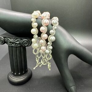 3 Faux Pearl and Seed Bead Toggle Bracelets Set Pink White Grey 8 Inch